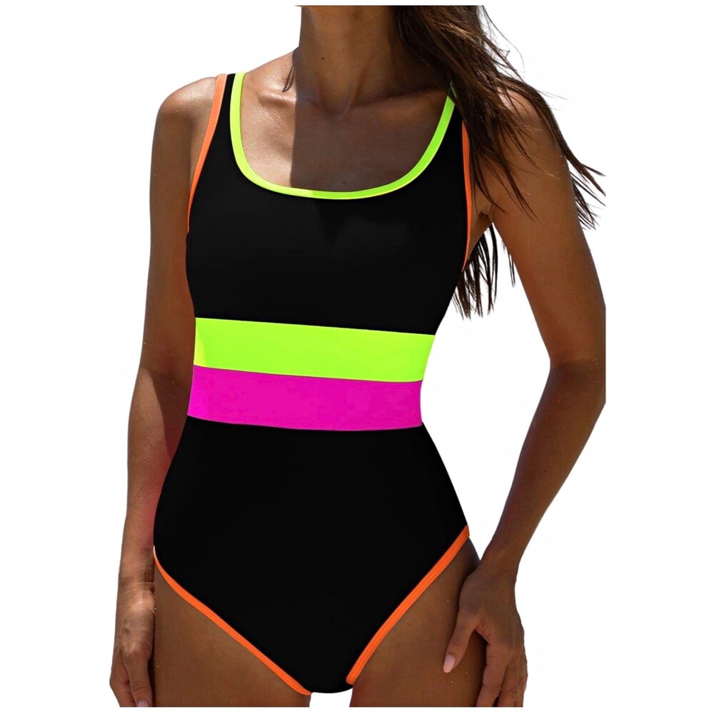 Popvil Women's Black Neon Colorblock One Piece Swimsuit Wide Straps, S
